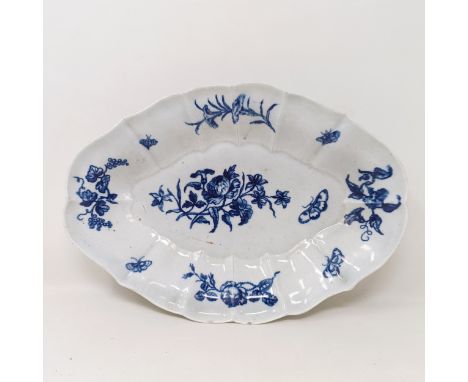 A Worcester blue and white dish, decorated flowers and butterflies, crescent moon mark to base, 26 cm wide