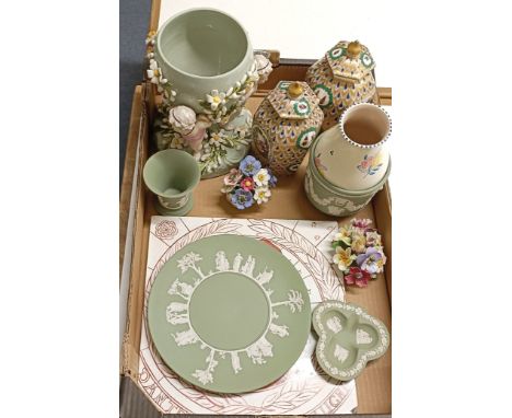 A pair of porcelain vases and covers, decorated birds and insects, damaged, a Dresden centrepiece, lacking lid, a large tile 