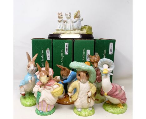 A Beswick Beatrix Potter tableau, Mittens, Tom Kitten &amp; Moppet, a limited edition group, Mrs Rabbit &amp; Peter, and simi