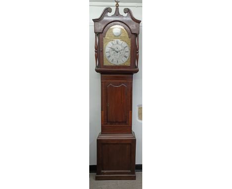 A longcase clock, fitted an eight day movement, striking on a bell, in a mahogany case, 230 cm high