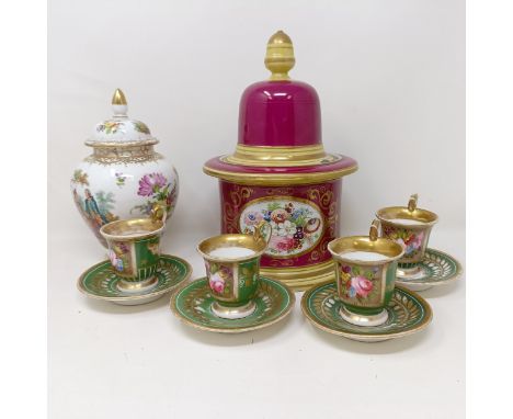 A 19th century Continental tobacco jar, 15 cm diameter, a Dresden vase and cover, and a set of four cabinet cups and saucers 