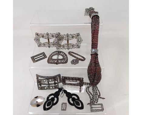 A pair of white metal buckles, a pair of earrings, and assorted costume jewellery (box)