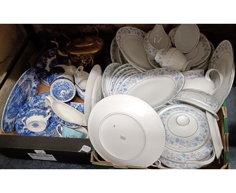 A brass kettle on stand, a Polish part dinner service, assorted blue and white and other china (2 boxes)
