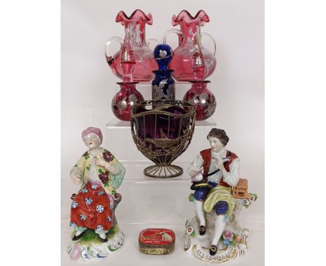 A Dresden figure of a man in a turban, 14 cm high, another Dresden figure, a pair of ruby glass vases and other items (box)