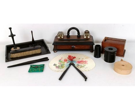 A desk stand 24 cm wide, a dressing table set and an oak cigarette dispenser (box)