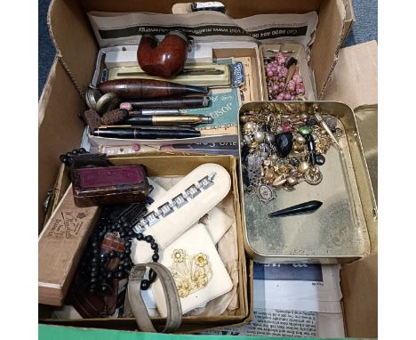 A silver coloured metal shield mount, assorted badges and mounts, pens, costume jewellery and other items (box)