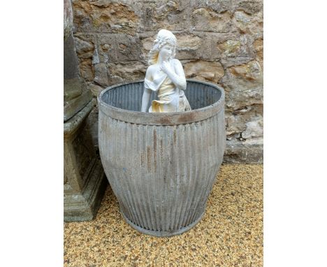 A Composite stone statue, a galvanised bin and a trug (3)