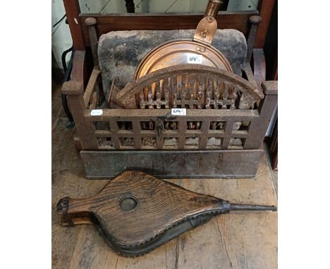 A pair of bellows, assorted other fireside items and metalware (qty)