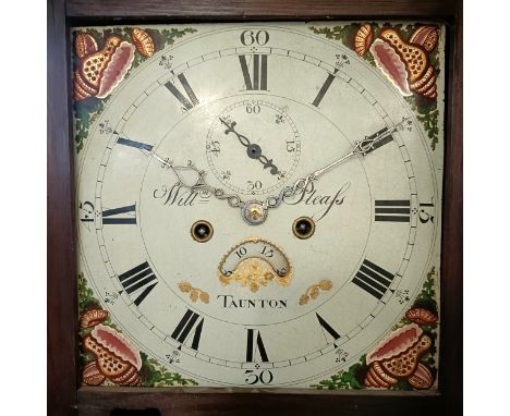 A longcase clock by William Pleafs of Taunton, a painted dial with a subsidiary second dial and date aperture, to a twin trai