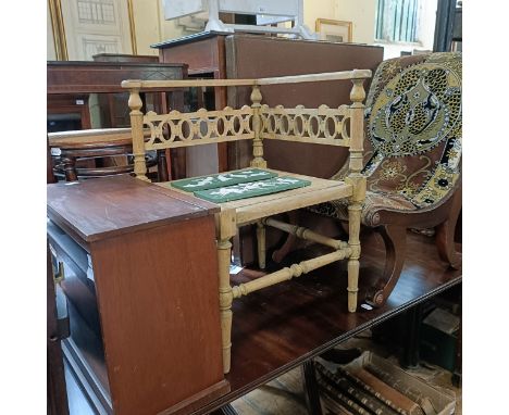 A nursing chair, a corner chair, a card table, two wedgwood style plaques, and a glazed cabinet (6)