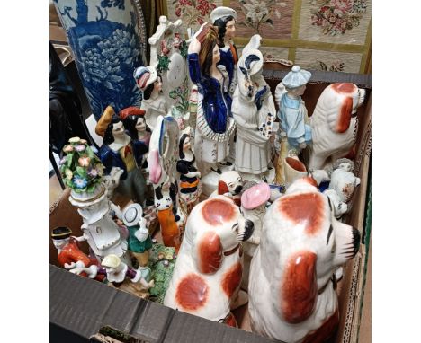 Assorted Staffordshire figures and dogs, two fairings and a Dresden base of a candelabrum (box)