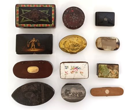 A porcelain snuff box, a treen snuff box, with a yellow metal mount, and assorted other snuff boxes (box)
