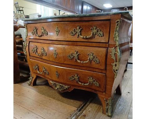 A French walnut bombe commode, with a marble top above three drawers, 106 cm wide1/ H- 84 cm2/ D- 56cm3/ L -113 cmTop in good