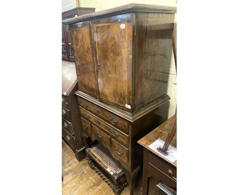 An 18th century style walnut cabinet on chest, 70 cm wide, a folding card table, a pine shelf, a side table, and a stool (5)
