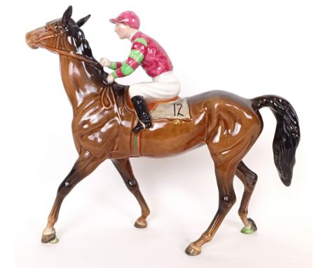 A unique Beswick racehorse and jockey, believed to be War Lace, commissioned 1959/1960, by Mrs Elizabeth Dudgeon, 21 cm highN