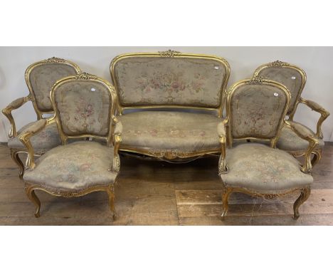 A Louis XVI style five piece parlour suite, with gilt frames, tapestry backs, arms and seats (5)