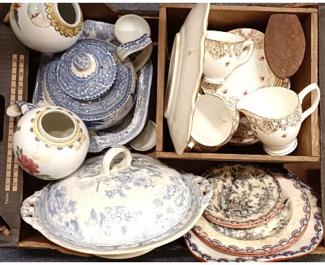 An oak card box, a lamp, assorted metal ware and ceramics (4 boxes)