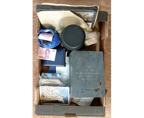 Assorted coins, post cards, stamps and militaria (box)