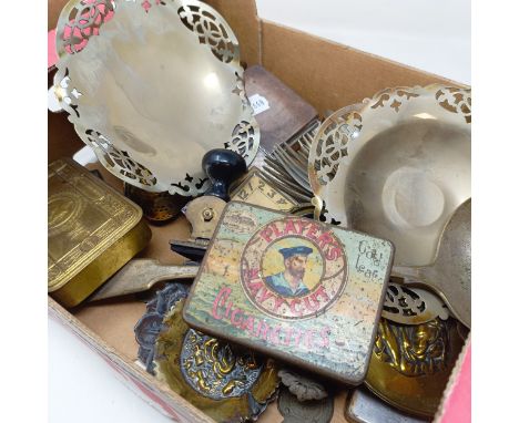 A silver cigarette case, a silver mounted bedside clock, a Princess Mary Christmas tin and assorted other items (box)