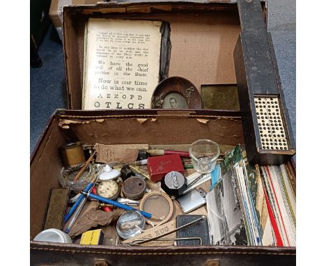 A set of bone and ebony dominoes, a vintage eye testing board, and assorted other items (suitcase)