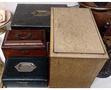 A 19th century caddy, 21 cm wide, a leather jewellery box, another and a desk stand (4)