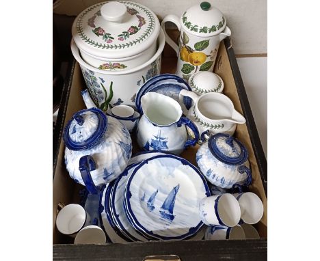 A Royal Crown Derby, blue and white tea set, decorated coastal scenes and assorted other ceramics (box)