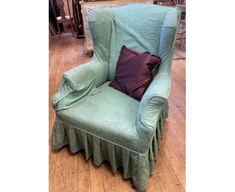 A green wingback armchair, three armchairs, a set of six oak dining chairs and a single chair (11)