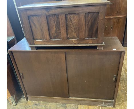 A walnut bow front chest, having four drawers, 67 cm wide, a bedroom mirror, an oak coffer, a side cabinet, and a single chai