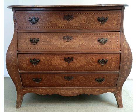An 18th century Dutch serpentine bombe commode, with marquetry inlay, decorated vases, flowers, birds and butterflies, 94 cm 