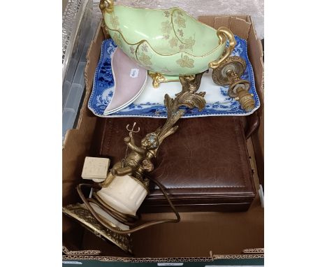 A gilt metal table lamp, a canteen of gilt cutlery, and other items (box)