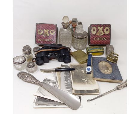 Two vintage Oxo Cube boxes, a pair of binoculars, a novelty card wooden bottle stopper and assorted silver mounted glass jars