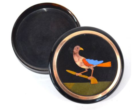 A 19th century Continental tortoiseshell circular snuff box, the cover inset with pietra dura bird in gilt metal surround, 8 