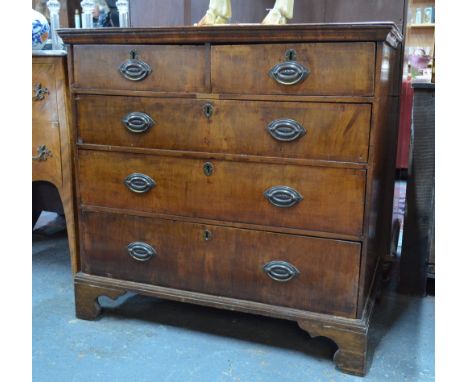 An 18th century crossbanded walnut chest of two short over three long graduated drawers, raised on shaped bracket feet, 98 x 