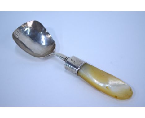 A George IV silver caddy spoon with mother-of-pearl handle, Joseph Taylor, Birmingham 1828