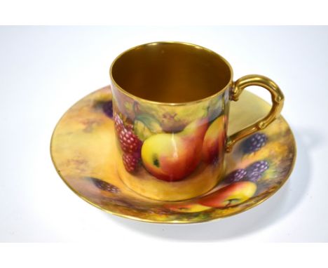 A Royal Worcester coffee can and saucer painted with fruit, the saucer signed H. Stinton, date cypher 1932 (2)   Condition Re