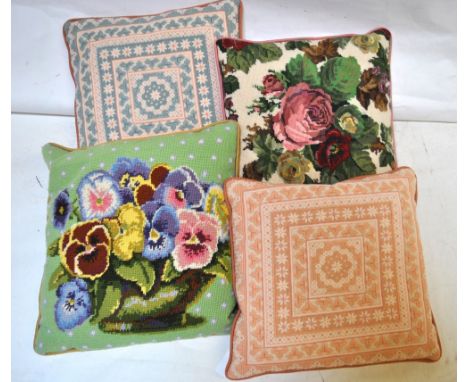 Two floral wool tapestry cushions and two floral patterned wool tapestry cushions (4)   Condition Report  Good condition
