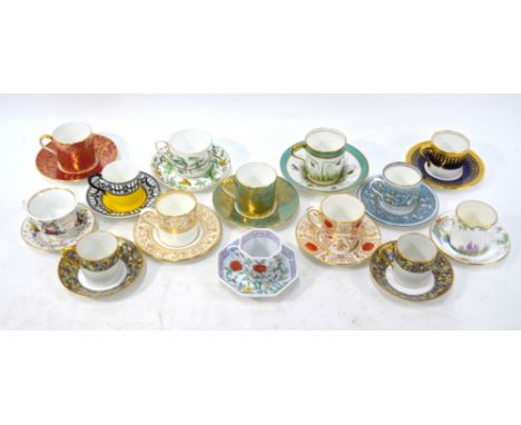 Fourteen cabinet and collectors coffee cans and saucers including Royal Crown Derby, Derby, New Chelsea, Minton, Wedgwood, Ro