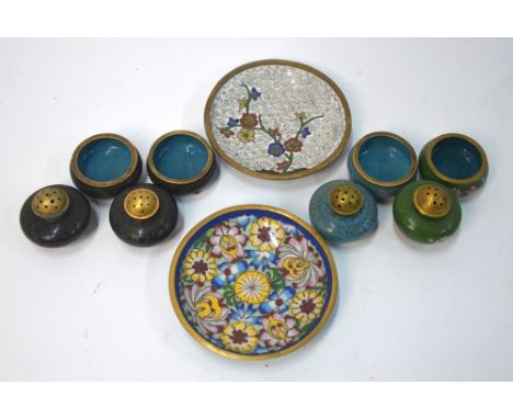 Twenty small pieces of Chinese Cloisonne enamel, comprising: four circular dishes; and sixteen incense burners  or other vess