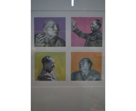 A framed Chinese print designed as four portraits of Mao Zedong (1893-1976), former Chairman of The Communist Party of China,