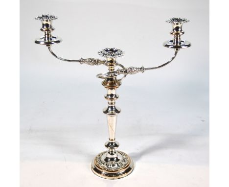 An Old Sheffield Plate large candelabrum with twin branches, the three sconces with detachable floral grease pans, stamped 'S