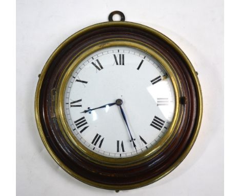 A 19th century French Sedan clock, turned mahogany with brass mounts and enamel dial, 15 cm diam