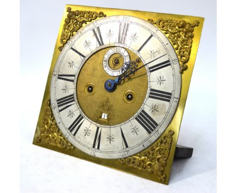 Edward Fletcher, London, an 18th century month going longcase clock movement with 30 cm square brass and silvered dial incorp