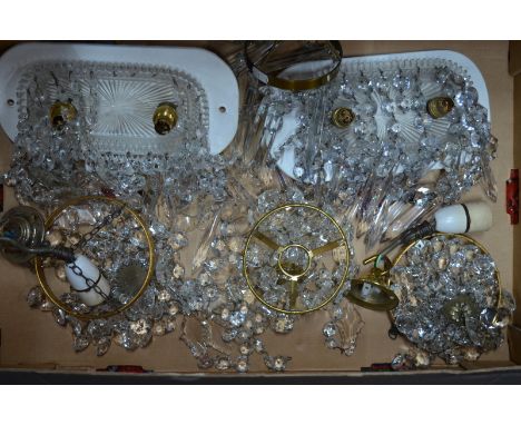 Two pairs of ceiling lights and three ceiling light-shades, all hung with facetted glass beads and drops (5)