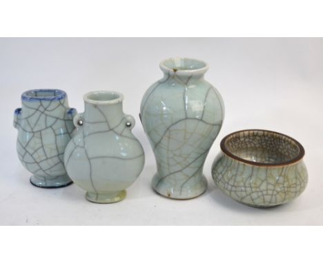 A Guan-yao style circular, Chinese brushwasher, 9 cm diameter, four-character mark; together with three small vases, all desi