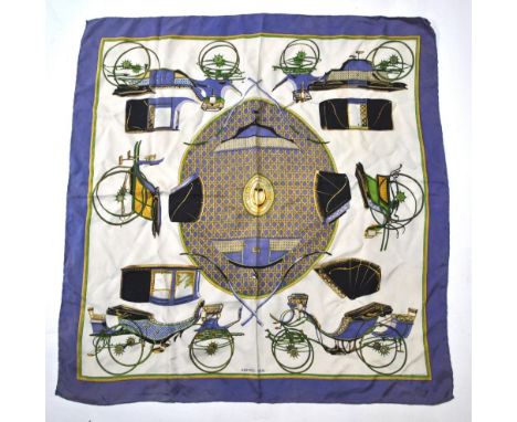 A vintage Hermes-Paris silk scarf, 1960s, 'Les Voitures a Transformation' designed by Francoise de la Perriere, ivory ground,