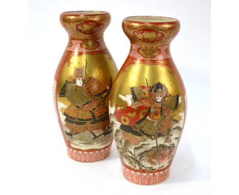 A pair of Japanese, Kaga vases, dai Nihon Kutani single line inscriptions, each one decorated in akaji-kinga with panels depi