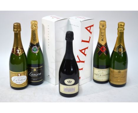 A collection of six 750 ml bottles of champagne comprising two presentation boxed Ayala Brut Majeur, Joseph Perrier 1996 Cuve