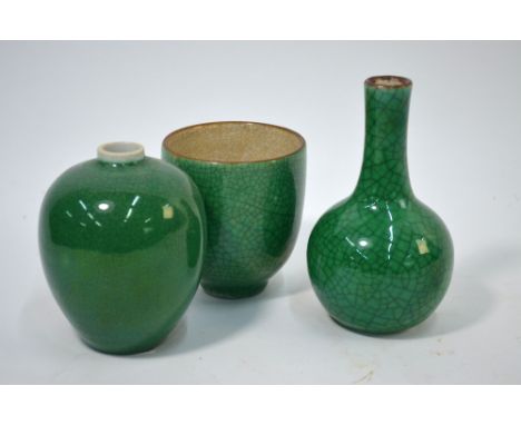 Three small Apple/P'ing kuo ch'ing style, or other, green Chinese monochromes, comprising: an oviform vase, 10cm high; a cyli