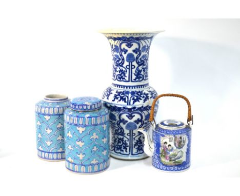 A Chinese blue and white yen-yen vase, decorated with scrolling designs, 36 cm high, Kangxi six-character mark but not of the