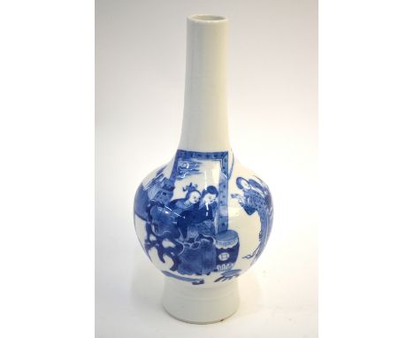 A Chinese, blue and white vase with cylindrical neck, decorated with four figures; 21cm high, the base with Kangxi six-charac